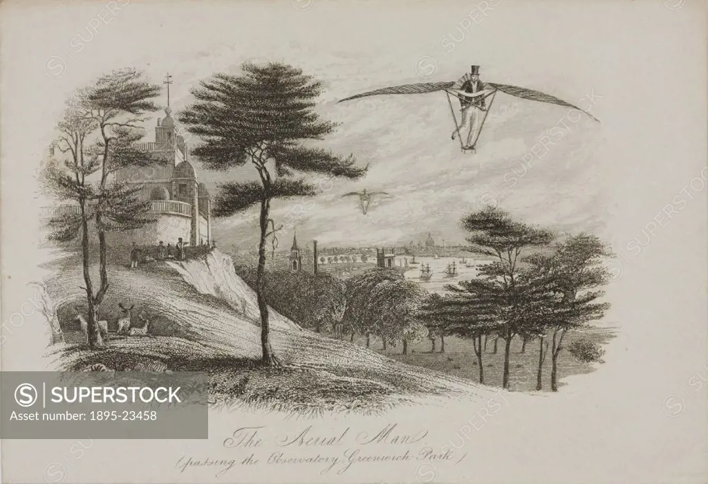 Lithograph showing a winged flying machine, designed by Joseph Degan in 1808, in a fictitious flight past the Royal Observatory, Greenwich, piloted by...