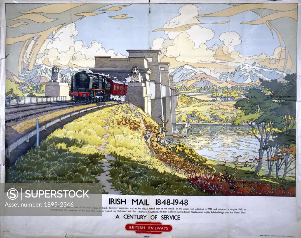 Poster produced by British Railways (BR) to mark the centenary of the Irish Mail route to Ireland via Holyhead and Don Laoghaire (Kingstown). The Iris...