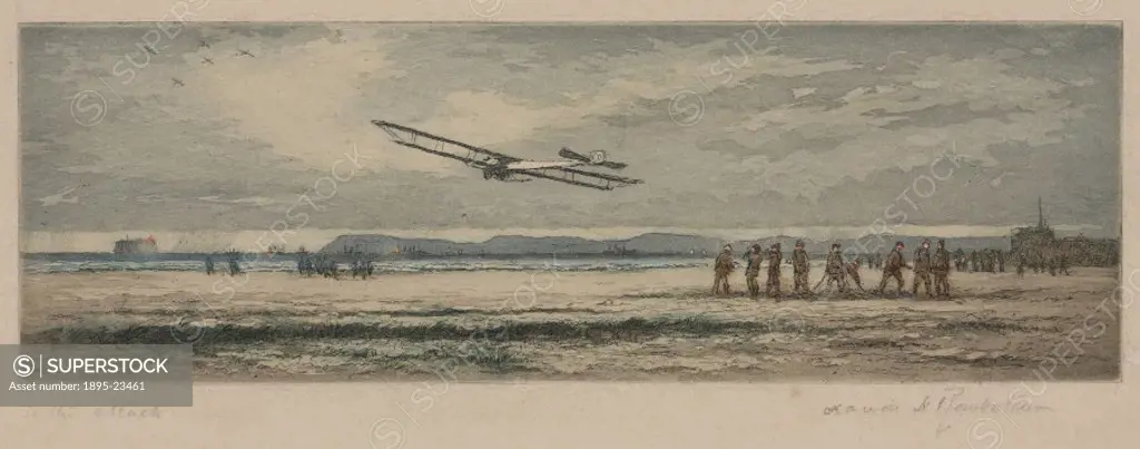 Wash drawing by H Rowbottom showing a biplane in the air shortly after take-off, watched by ground crew. In the distance, other aeroplanes are already...