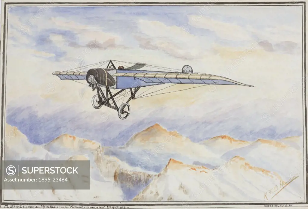 Pencil, pen and coloured wash drawing by K J B Munro. It shows the Morane-Saulnier aeroplane piloted by the French aviator Brindejonc de Moulinais fly...