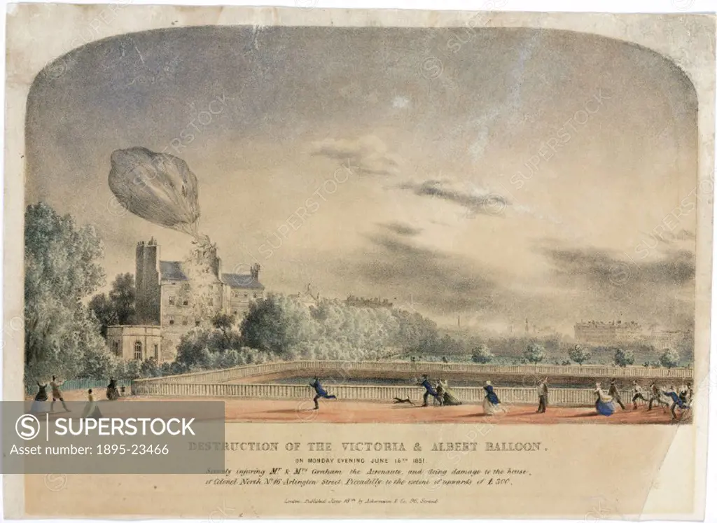 Coloured print. George Graham and his wife Margaret made numerous balloon ascents in Britain between the 1820s and the 1850s, most of which ended in d...