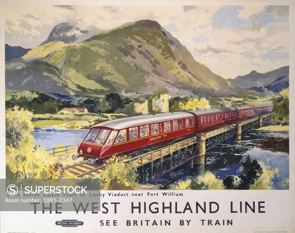 Poster produced for British Railways (BR) to promote the West Highland Line. The poster shows a train of observation coaches crossing the Lochy Viaduc...