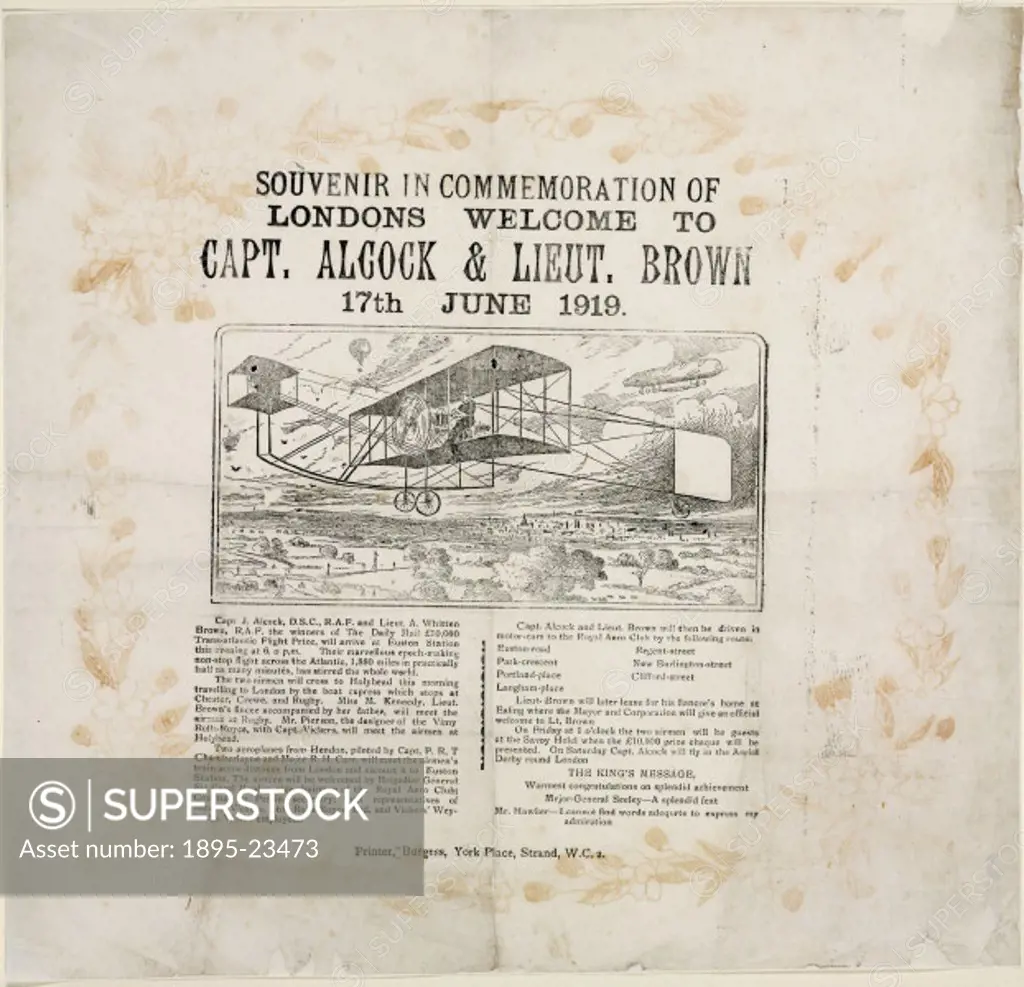 Printed tissue serviette commemorating Alcock and Brown´s pioneering transatlantic flight, 17th June 1919. Engraved image by W S G, with text below de...