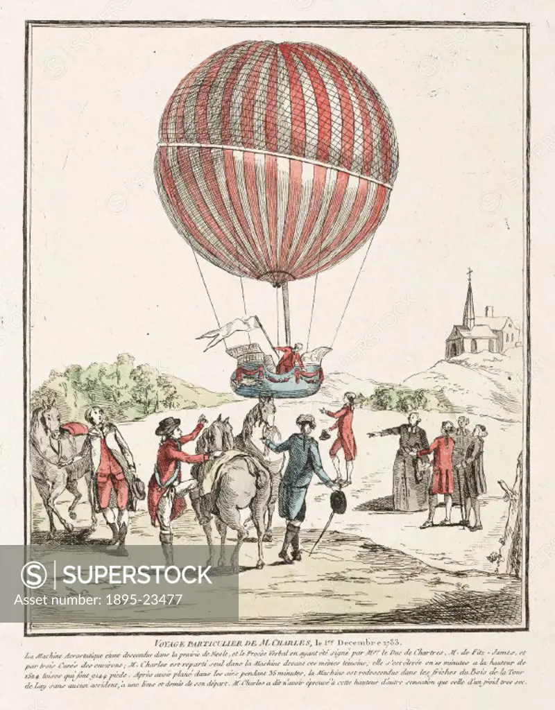 Colour engraving showing Charles and Roberts balloon landing at Nesle-la-Vallee in France. Jacques Charles (1746-1823) and Noel Robert made the first...