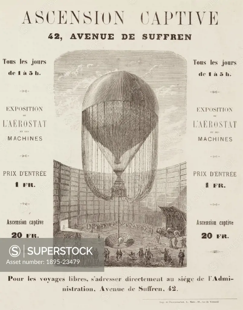 A printed handbill advertising captive flights in a balloon from 42, Avenue de Suffren’ in France. The ascents take place every day between the hours...