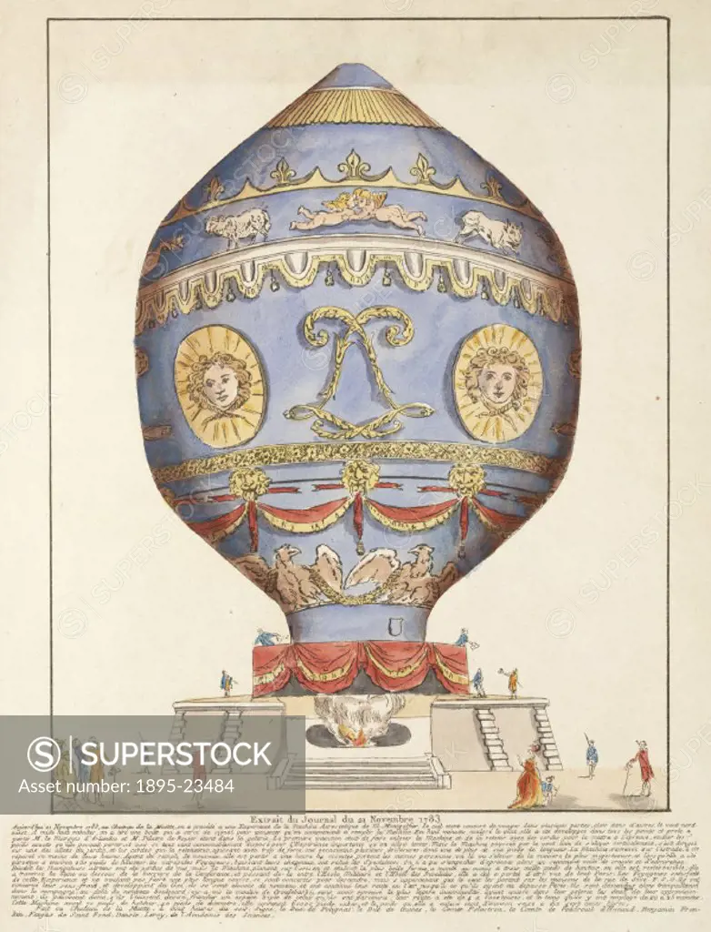 Plate taken from ´Le Journal´. This balloon, designed by the French brothers Joseph-Michel (1740-1810) and Jacques-Etienne (1745-1799) Montgolfier, wa...