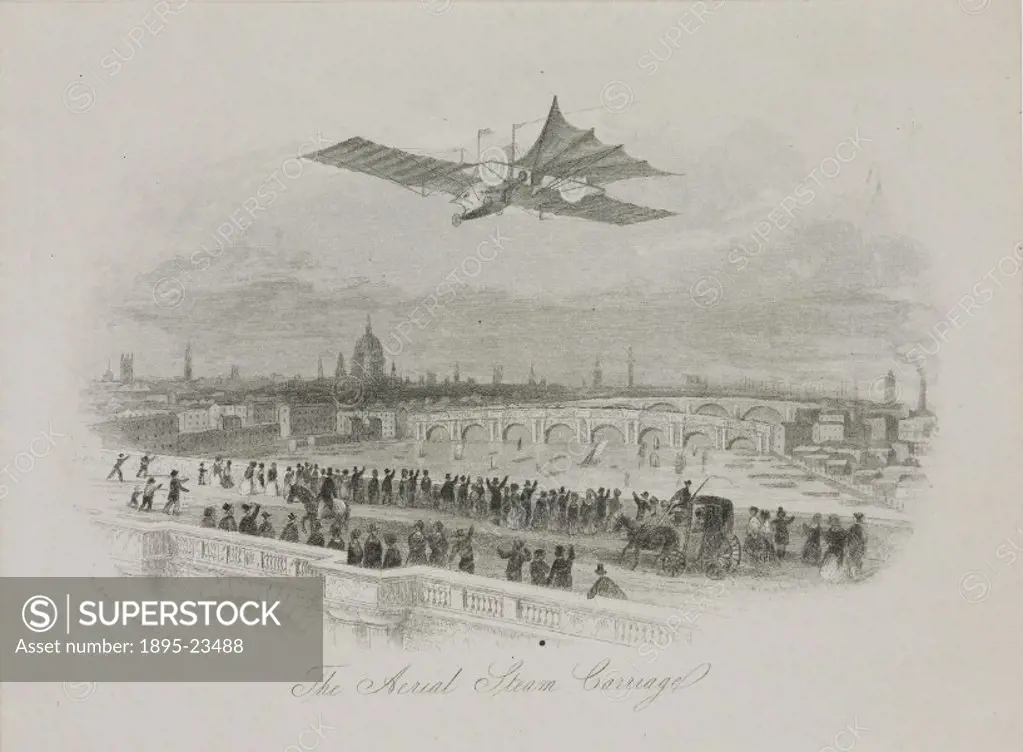 Engraved letterhead showing the flying machine designed by William Henson (1812-1888) flying above a city, watched by cheering crowds assembled on a b...