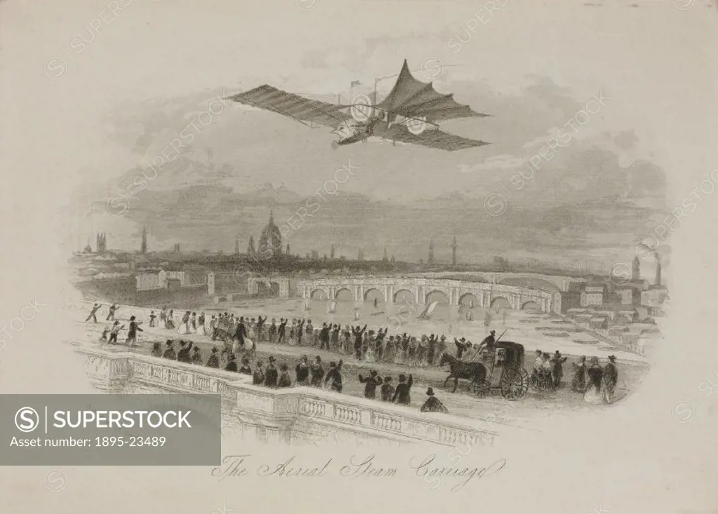 Engraved letterhead showing the flying machine designed by William Henson (1812-1888) flying above a city, watched by cheering crowds assembled on a b...
