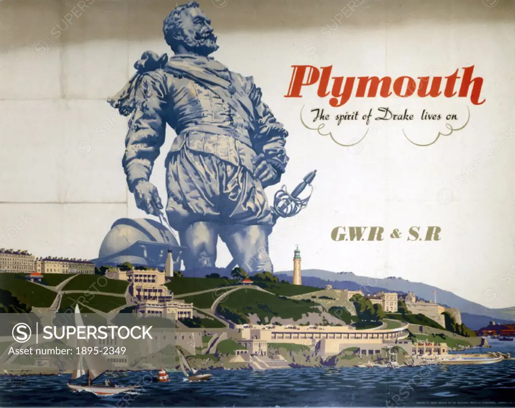 Poster produced for Great Western Railwayy (GWR) and Southern Railway (SR) to promote rail travel to Plymouth in Devon, illustrated with a picture of ...