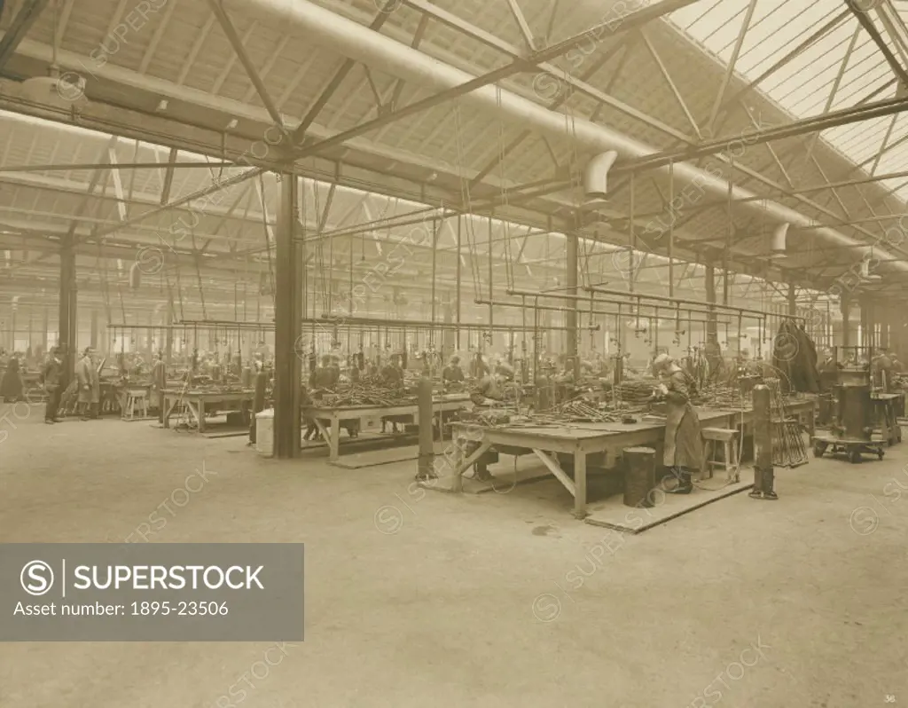 Sepia toned photograph showing women at work inside National Aircraft Factory No 3. Three national aircraft factories were established by the Cunard S...