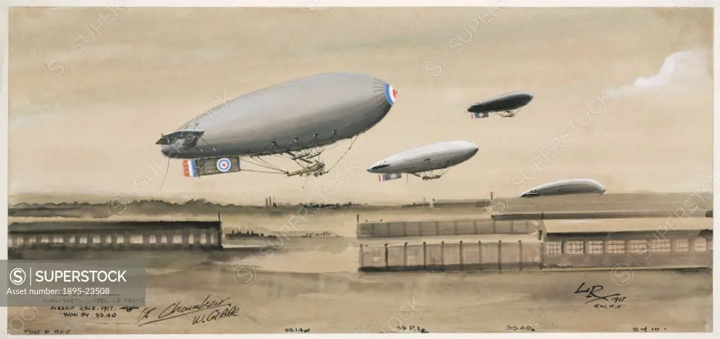 Watercolour painting by Louis Raemaekers of the RNAS (Royal Naval Air Service), showing Royal Navy airships flying in an air race from Kingsnorth, Ken...