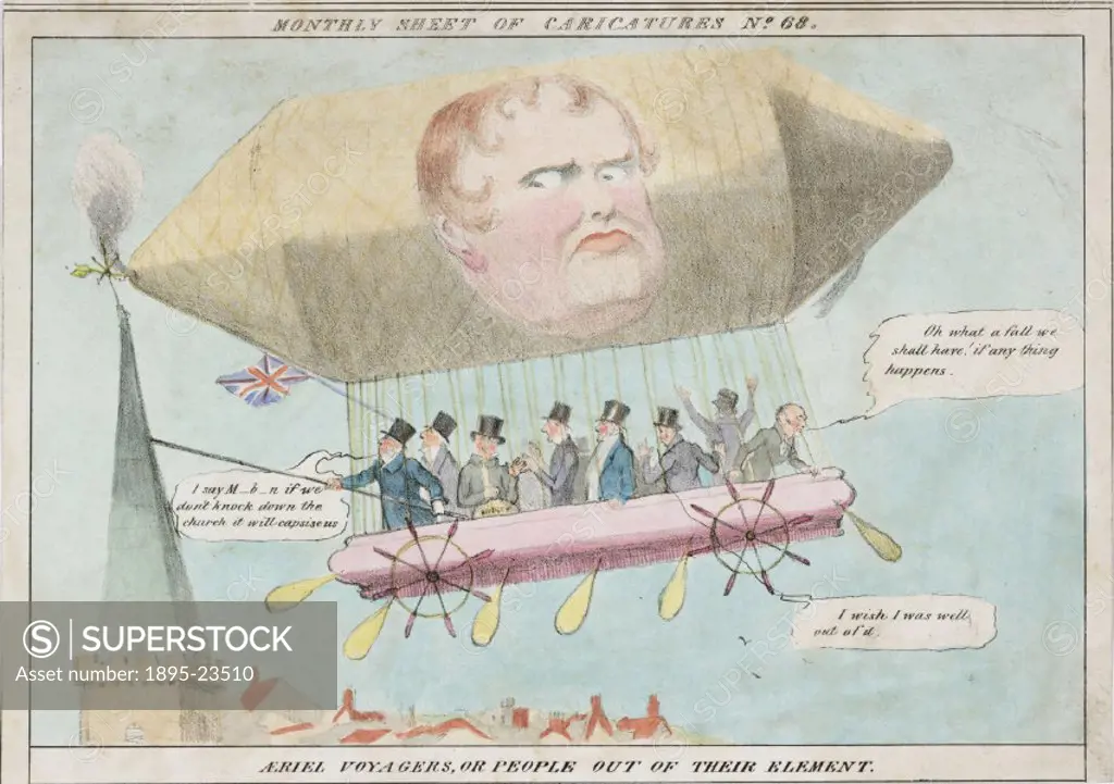 Colour lithograph satirising early flying inventions, and showing ten men travelling in a curious aerial ship with oars, steering wheels and a propell...