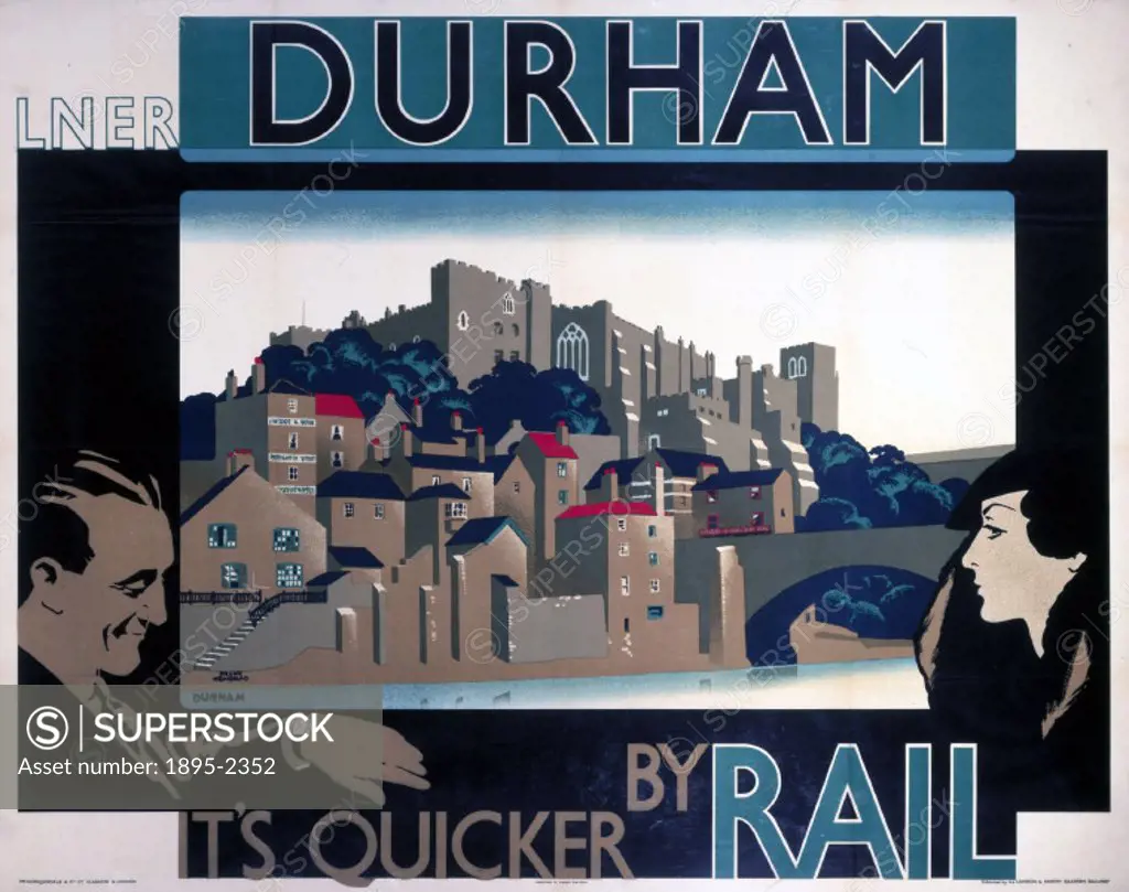 Poster produced for the London & North Eastern Railway (LNER) to promote rail travel to the cathedral city of Durham. The poster shows two passengers ...