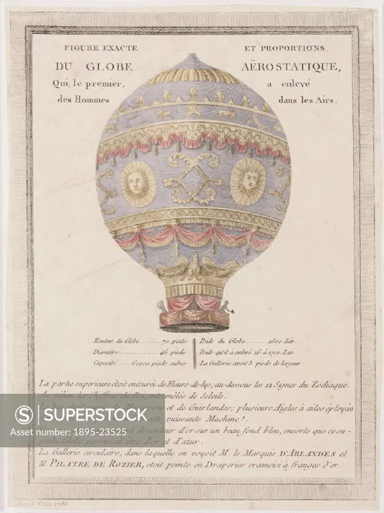 Hand-coloured engraving of the first Montgolfier balloon. French paper-makers Joseph Michel (1740-1810) and Jacques-Etienne (1745-1799) Montgolfier we...