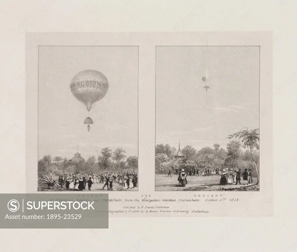 Lithograph by G Rowe after his original drawing. John Hampton (b 1799) worked in the Navy before turning professional aeronaut and making his first as...