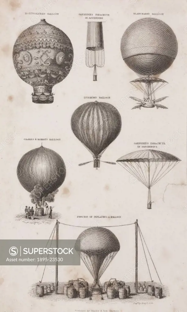 Plate engraving by Gray and Son, possibly for an encyclopaedia, showing a number of early flying contraptions, including: Montgolfiers balloon, Garne...