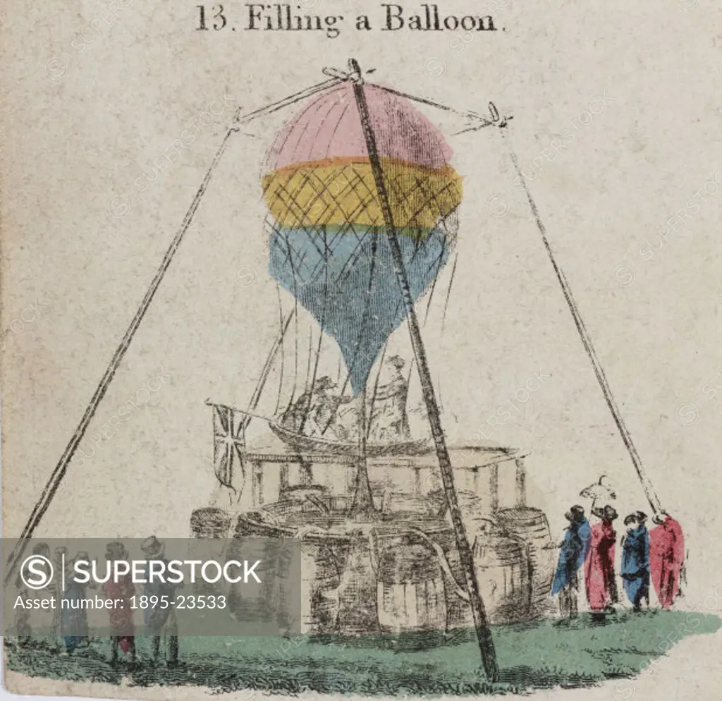 Engraving showing a hot-air balloon being filled. Hot-air balloons are based on the simple scientific principle that hot air rises. Hot air is lighter...