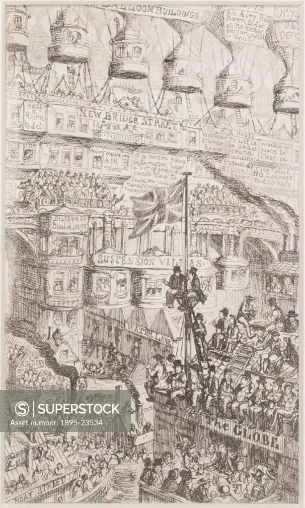 Etching by George Cruikshank, caricaturing the effects of potential overpopulation and the balloon craze. A large banner advertises Suspension Villas...