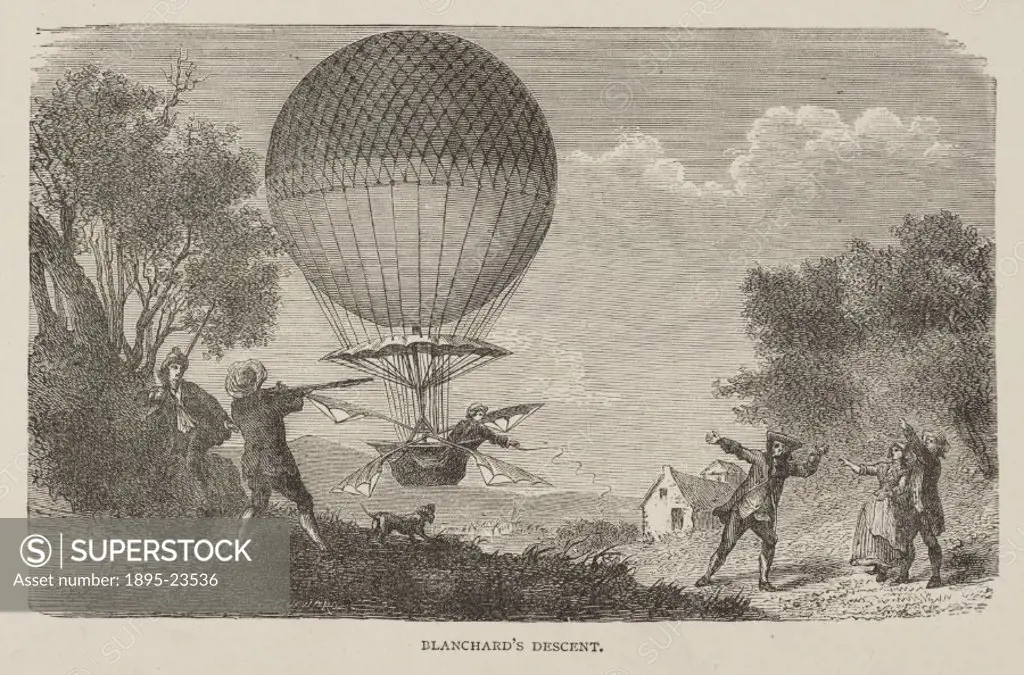 Steel engraving showing Blanchard descending in his balloon to the alarm of local people, one of whom aims a gun at him. French aeronaut Jean-Pierre B...