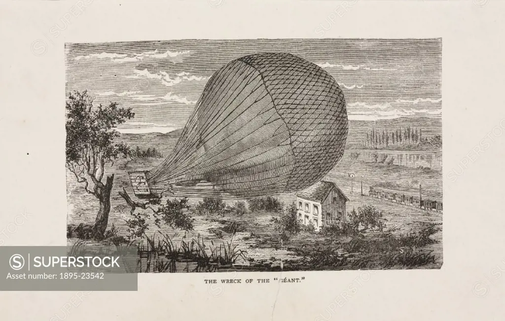 Steel engraving showing the Geant balloon crashing near the village of Rethem in Germany on 19 October 1863. This giant balloon belonging to the Frenc...
