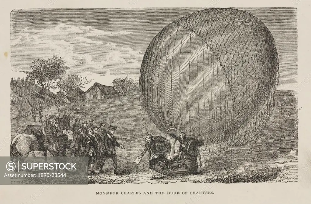 Steel engraving showing Charles and Roberts balloon landing at Nesle-la-Vallee in France greeted by a small crowd of onlookers, including the Duke of...