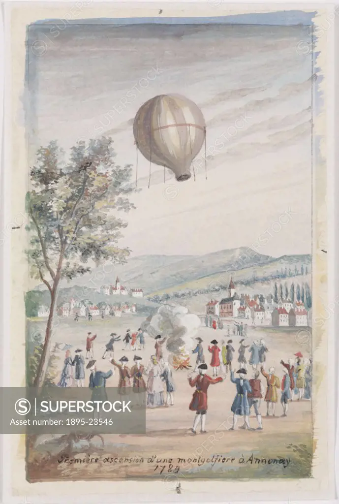 Watercolour and gouache painting. French paper-makers Joseph Michel (1740-1810) and Jacques-Etienne (1745-1799) Montgolfier were amongst the first to ...