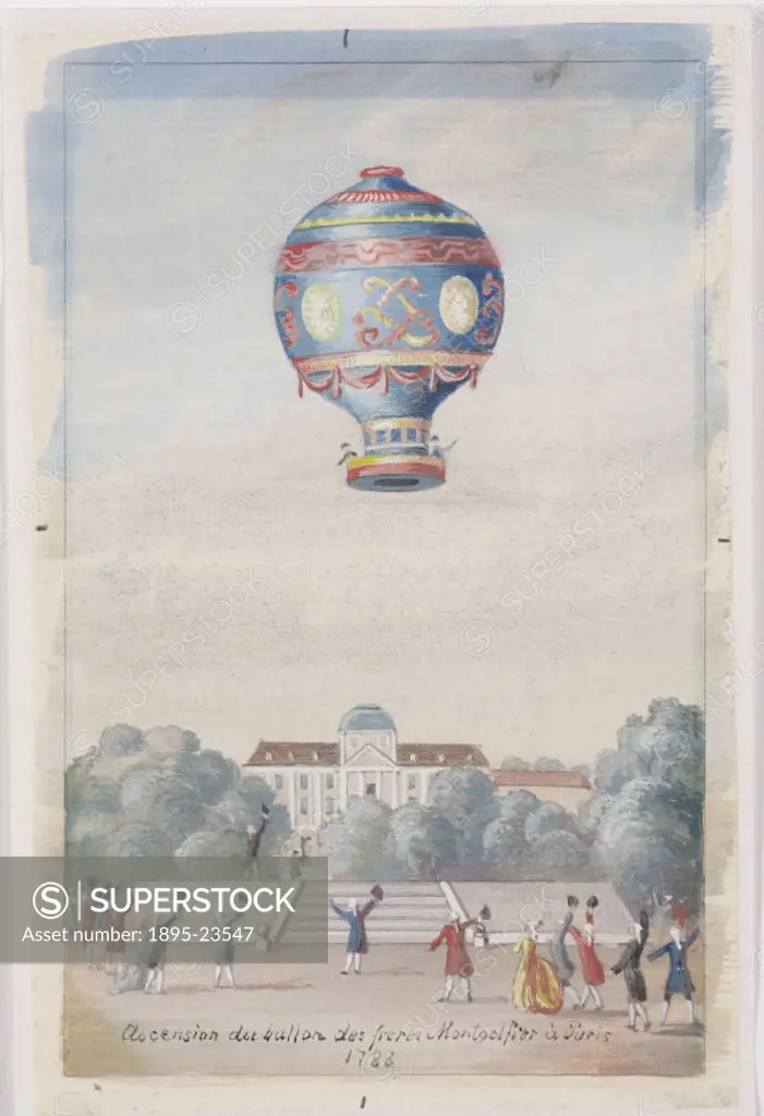 Watercolour and gouache painting. Designed by the French brothers Joseph-Michel (1740-1810) and Jacques-Etienne (1745-1799) Montgolfier, this hot-air ...