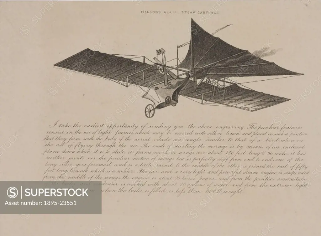 Headed notepaper bearing an engraving of the flying machine designed by William Henson (1812-1888) and a written description of the machine. Henson pa...