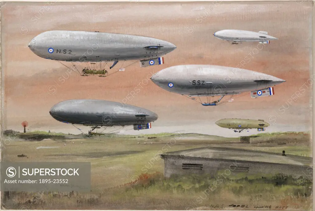 Watercolour and gouache painting on board by Norman Wilkinson, showing five Royal Navy airships heading into the wind at Capel le Ferne in Kent. The a...