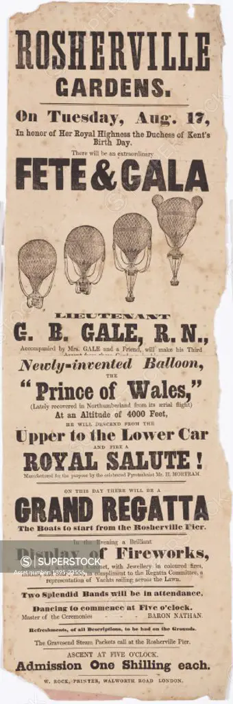 A printed handbill advertising Lieutenant George Burcher Gales balloon ascent from Rosherville Gardens in Gravesend, Kent on Tuesday 17 August 1847. ...