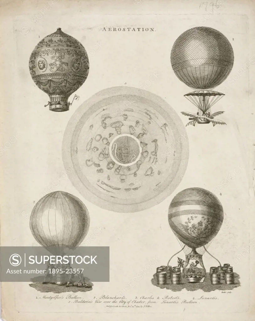 ´Plate engravings by Barlow for an encyclopaedia showing a number of early hot-air balloons, including: Montgolfiers balloon; Blanchards balloon; Ch...