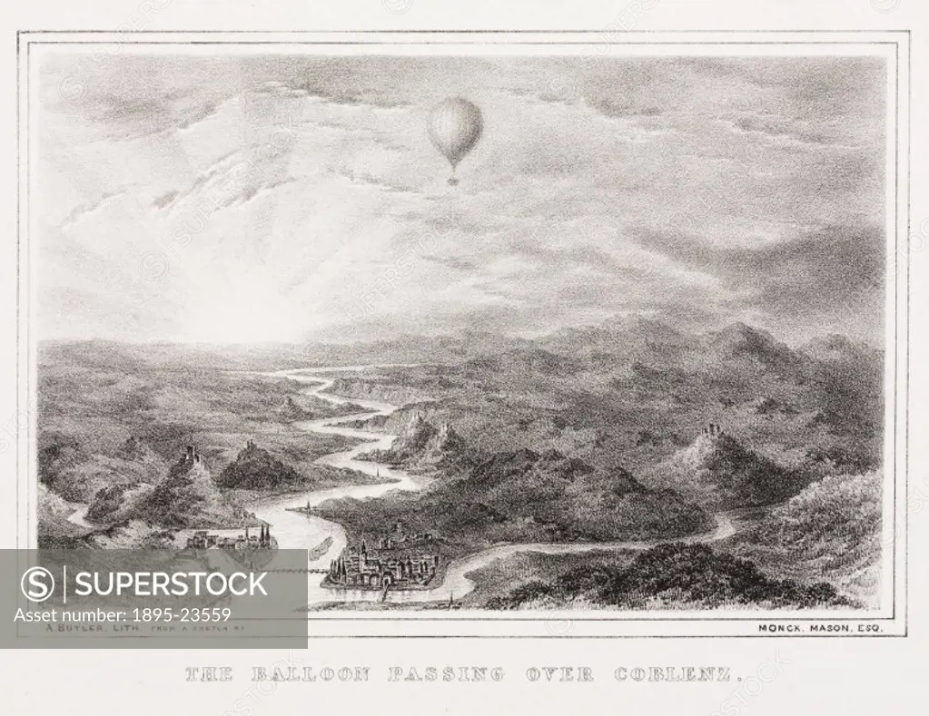 Lithograph by A Butler after a sketch by Thomas Monck Mason showing Greens balloon flying over Koblenz in Germany. English aeronaut Charles Green (17...