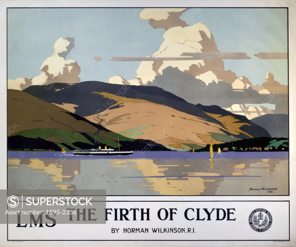 Poster produced for London, Midland & Scottish Railway (LMS) to promote rail travel to Scotland. The poster shows a landscape view of the Firth of Cly...