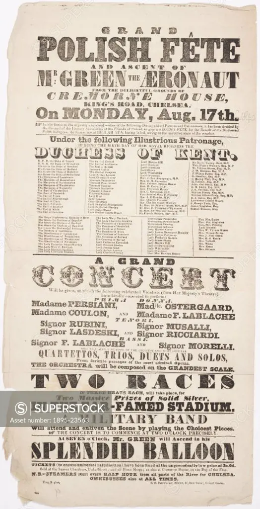 A printed broadsheet advertising the Grand Polish Fete’ on Monday 17 August 1840, which included a balloon ascent by the English aeronaut Charles Gre...