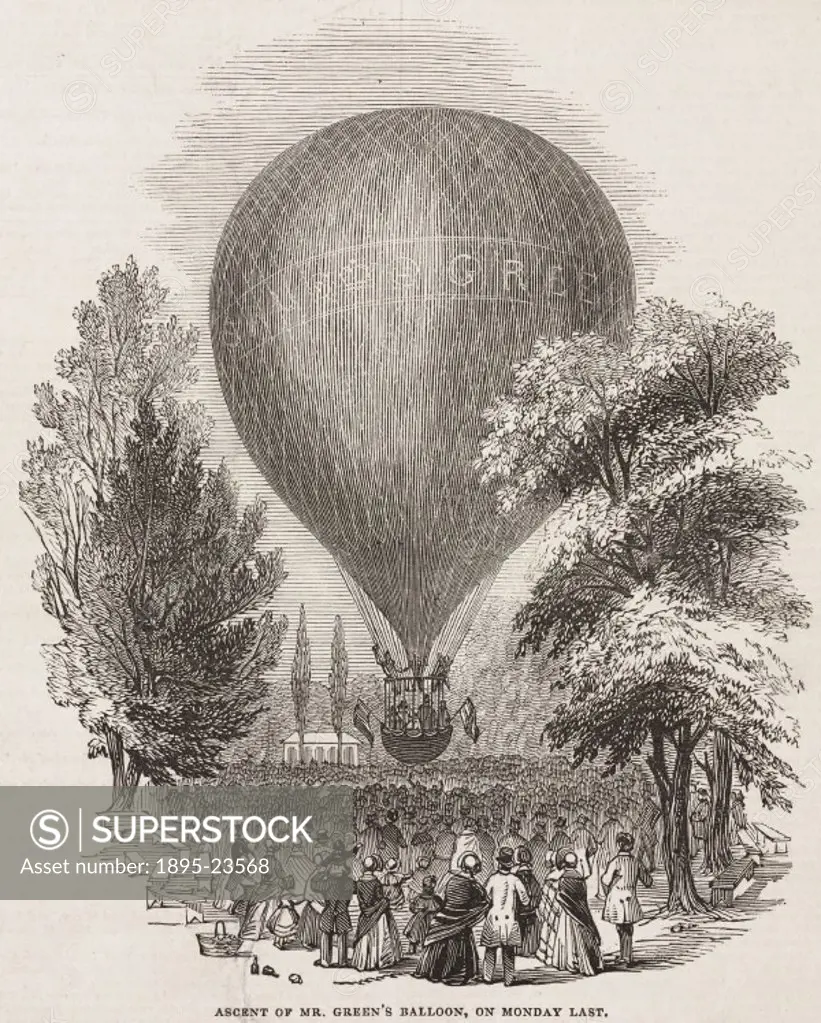 Printed woodcut from the Illustrated London News’ depicting a balloon ascent by Charles Green (1785-1870). Green was one of the greatest English aero...