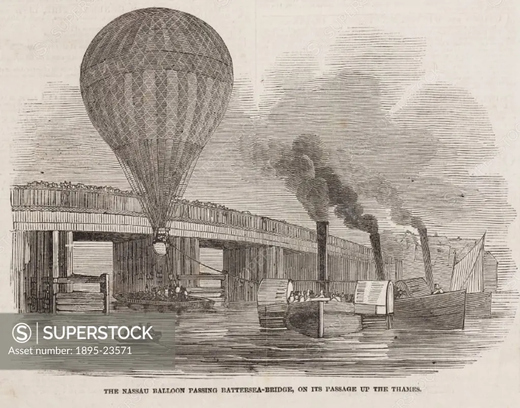 Printed woodcut from The Illustrated London News’ depicting Green’s Nassau’ balloon flying over Battersea Bridge on its passage up the River Thames....