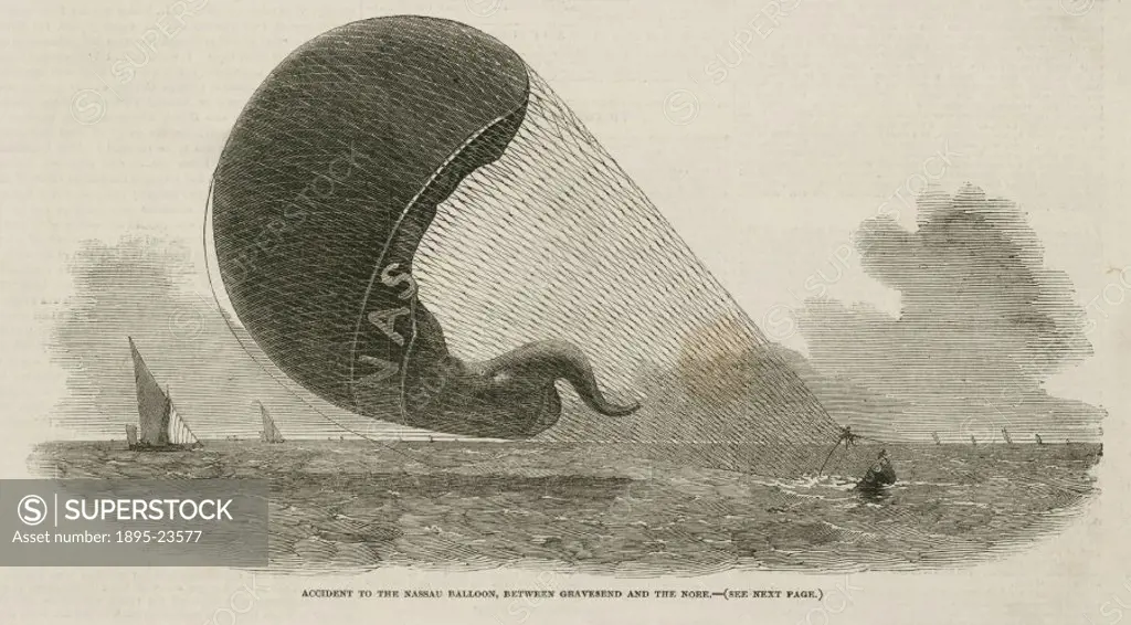 Printed woodcut from The Illustrated London News’ showing the Nassau’ balloon landing in the water near Gravesend, Kent. Charles Green (1785-1870) w...