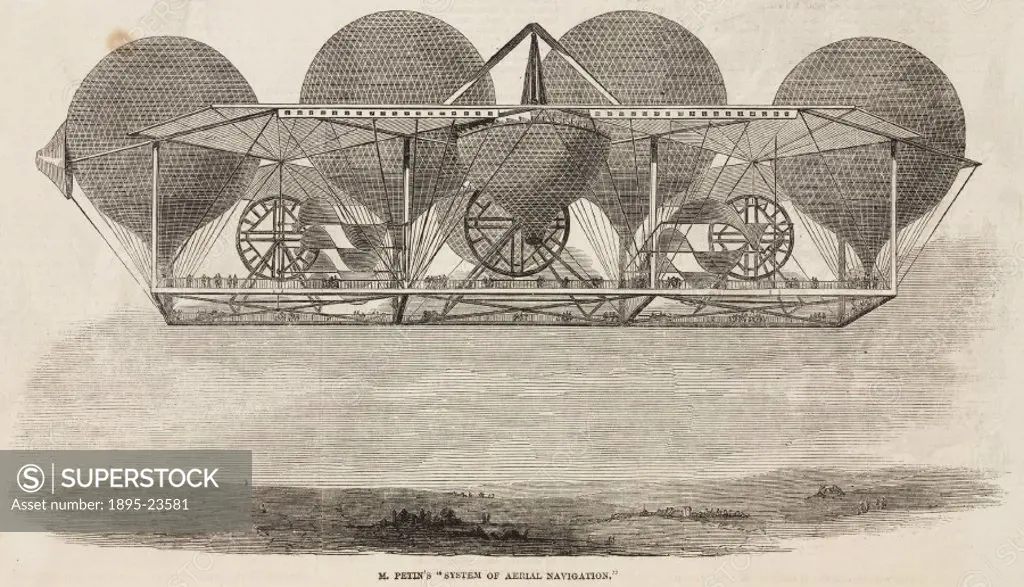 Printed woodcutfrom the Illustrated London News’, showing a bizarre design for an aerial craft incorporating four balloons.