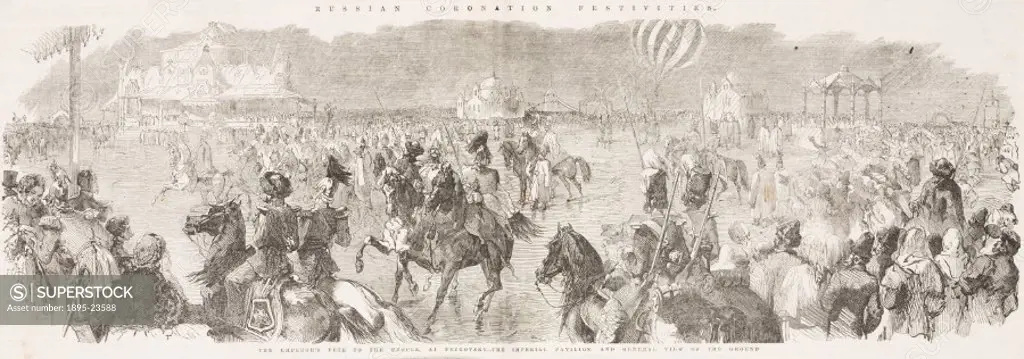 Printed woodcut from The Illustrated London News’ showing the Emperor’s fete to the people at the Imperial Pavilion in Petrovsky, Russia. A balloon c...