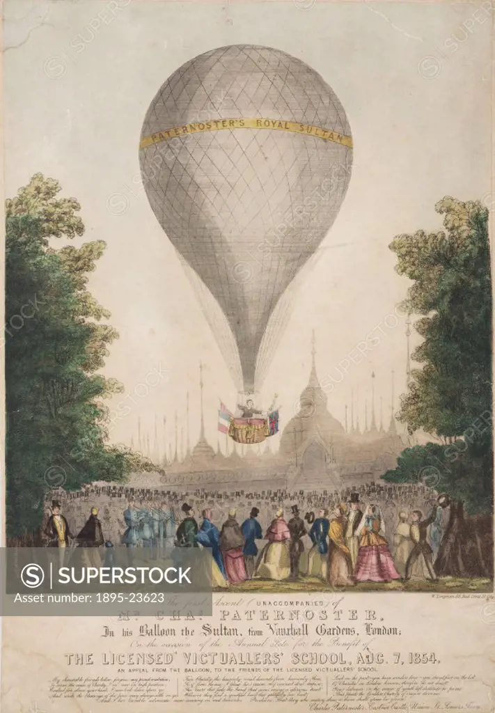 Hand-coloured engraving by W Longman after his original drawing, showing the ascent of the Royal Sultan’ from Vauxhall Gardens, London on 7 August 18...