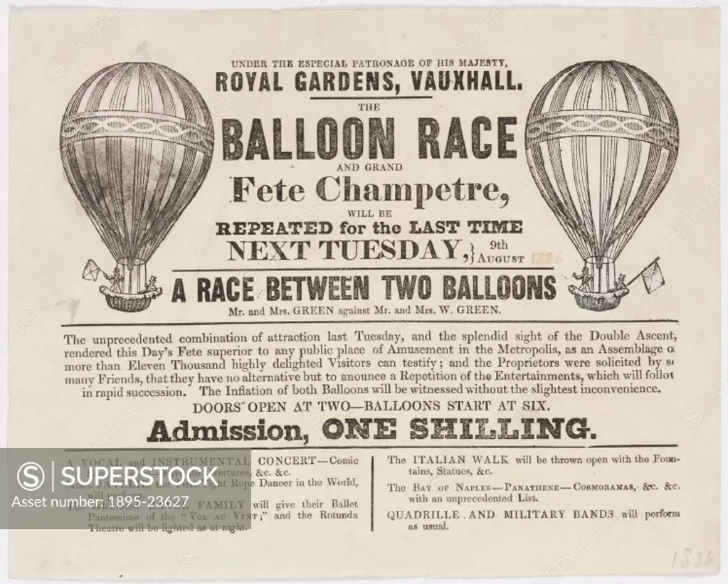 A printed handbill advertising a balloon race between Mr and Mrs Green (probably the celebrated English aeronaut Charles Green and his wife) and Mr an...
