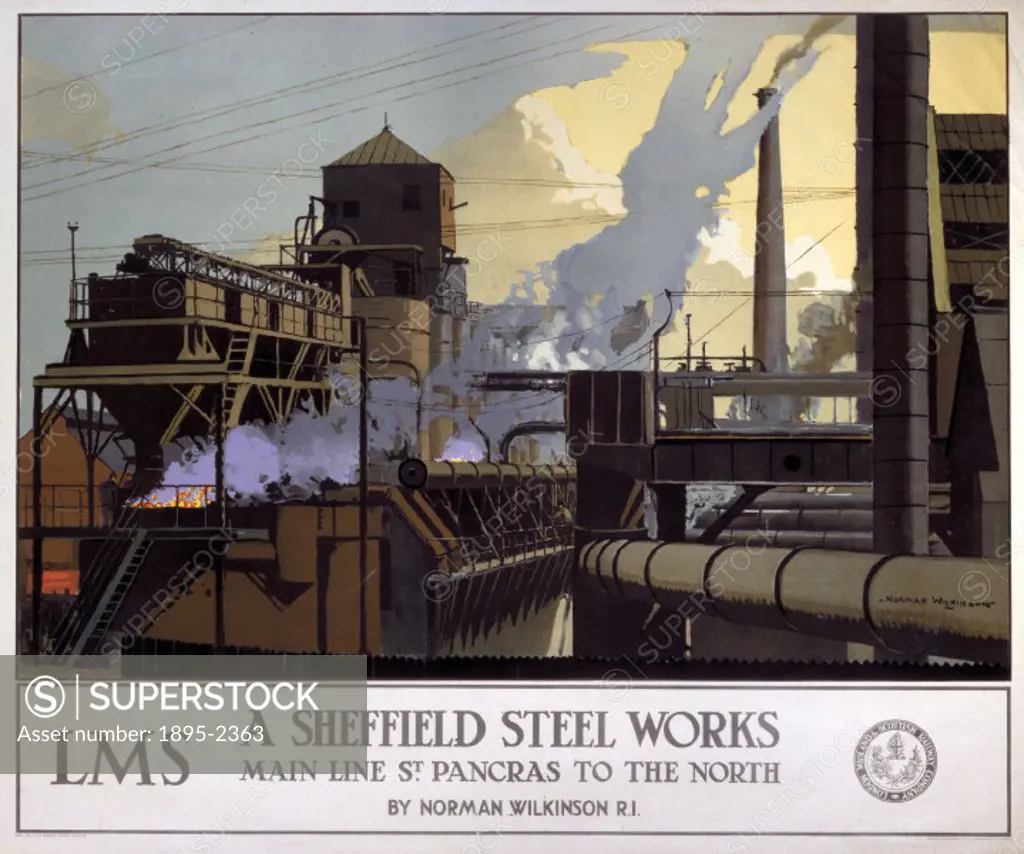 Poster produced for London, Midland & Scottish Railway (LMS), showing a steel works in Sheffield, on the railways main line between London and the no...