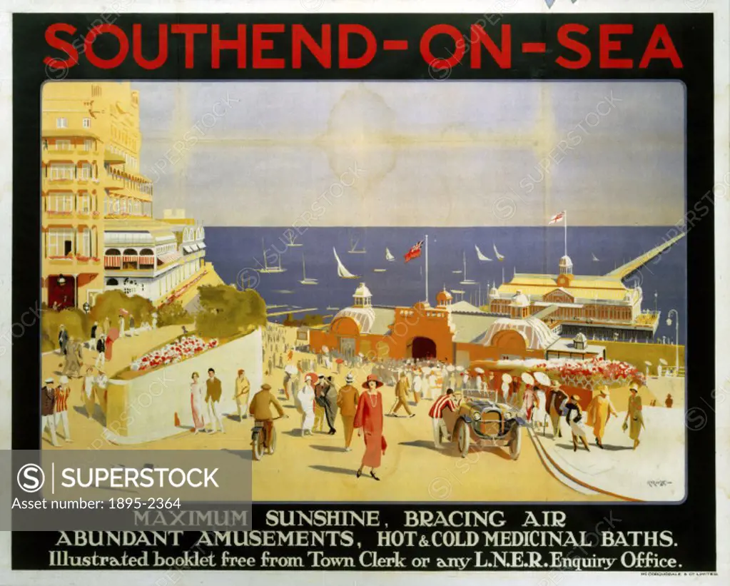 London & North Eastern Railway (LNER) poster advertising  rail services to the Essex resort Southend-on-Sea. Artwork by R T Roussel.