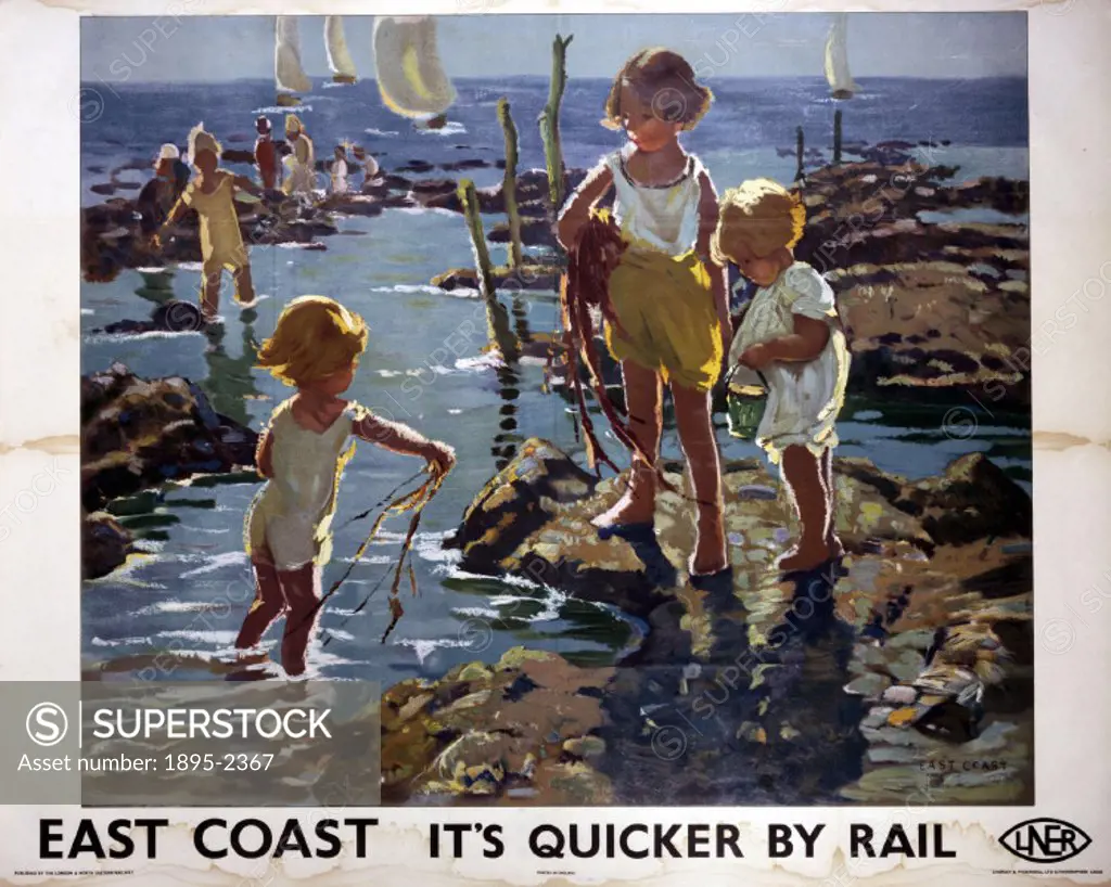 Poster produced for London & North Eastern Railway (LNER) to promote rail services to the East Coast of England. The poster shows a group of small chi...