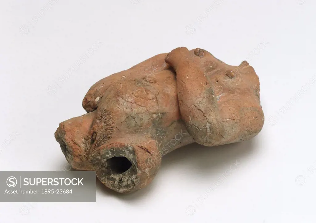 Torso of a pregnant female figure made from terracotta, said to have been found in Suffolk. Angled view.