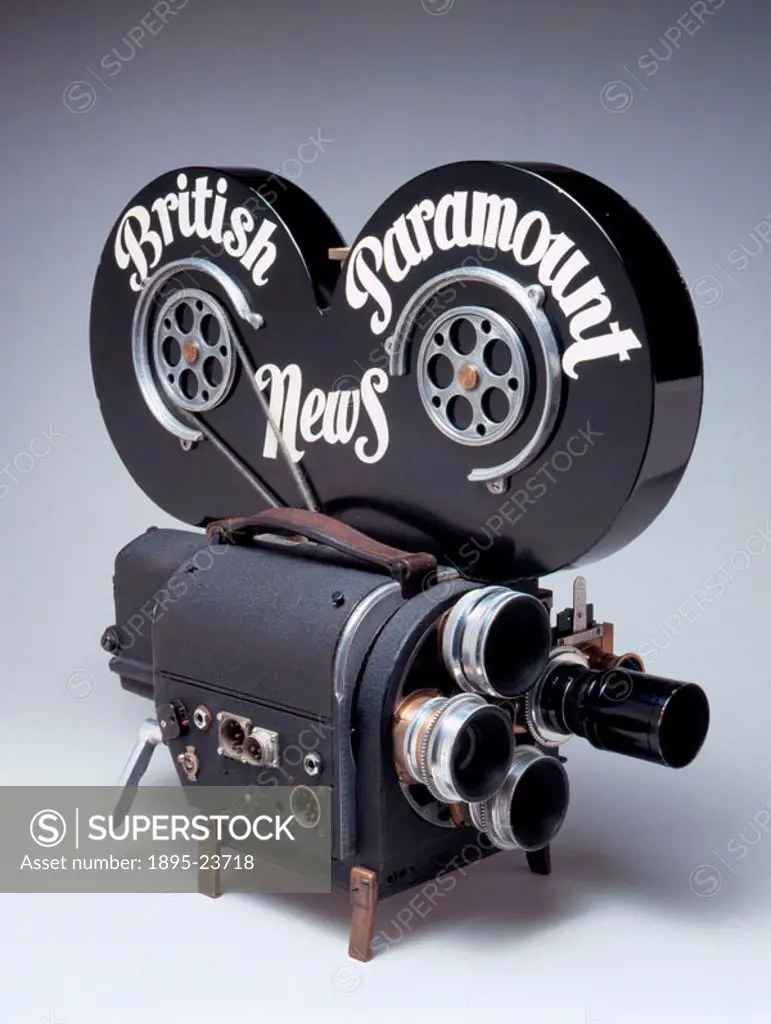 Cine camera with ´British Paramount News´ written on the side, made by Wall. This camera was used extensively by newsreel cameramen because it could r...