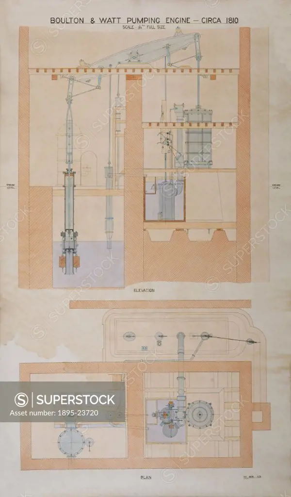 Coloured sectional drawing (scale 1:24) of pumping engine manufactured by Boulton & Watt of Soho, Birmingham, established by Matthew Boulton (1728-180...