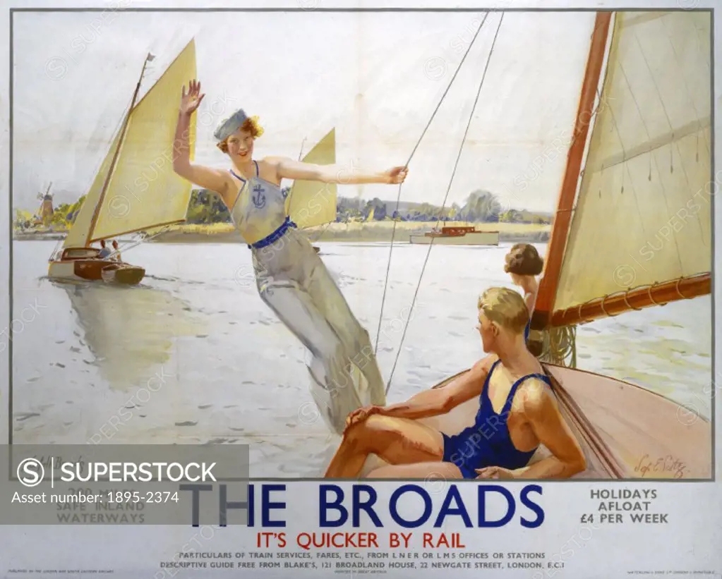 London & North Eastern Railway (LNER) poster advertising rail services to the Norfolk Broads. Artwork by Septimus E Scott.