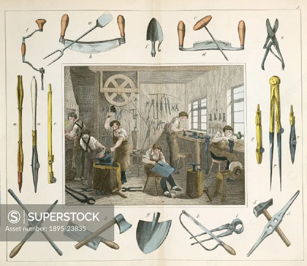 Workshop where drawing instruments and tools are made. The man at the rear is using a treadle to power the lathe. A plate from Twintig plaaten, voors...