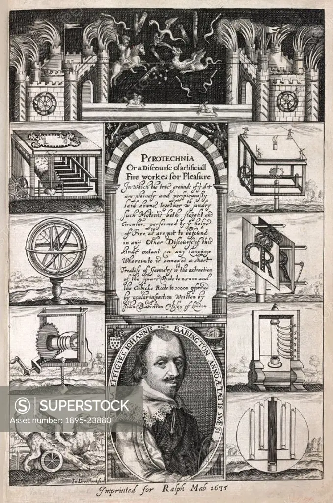 Illustrated title page engraved by John Droeshout with a portrait of the author John Babington who was a gunner, mathematician and master pyrotechnici...